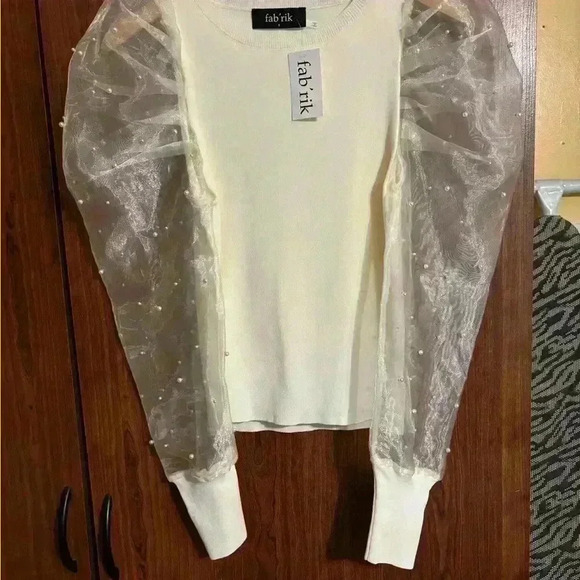 fab'rik Tops - Fab’rik Brand Ladies Top Beige Sheer Pearl Long Sleeves